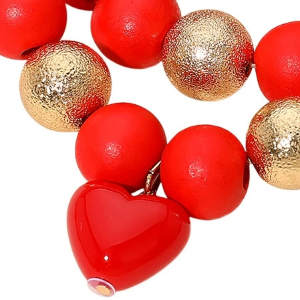 Red Gold Heart Charm Layered Metal Ball Chunky Wooden Beaded Stretch Bracelet
